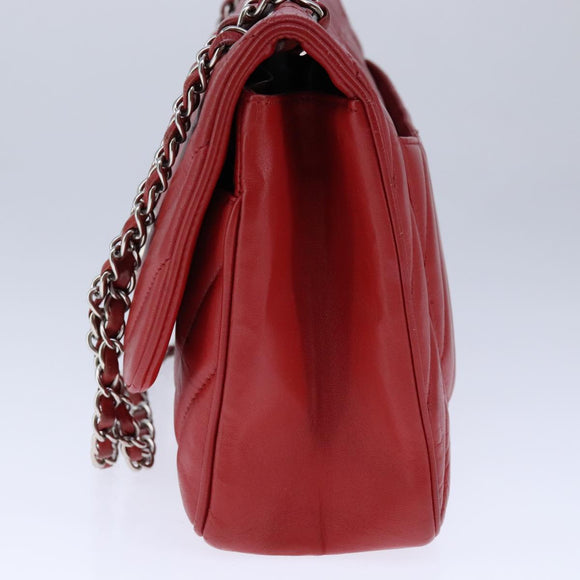 CHANEL V Stitch Chain Shoulder Bag Lamb Skin Red CC Auth 102030SAM