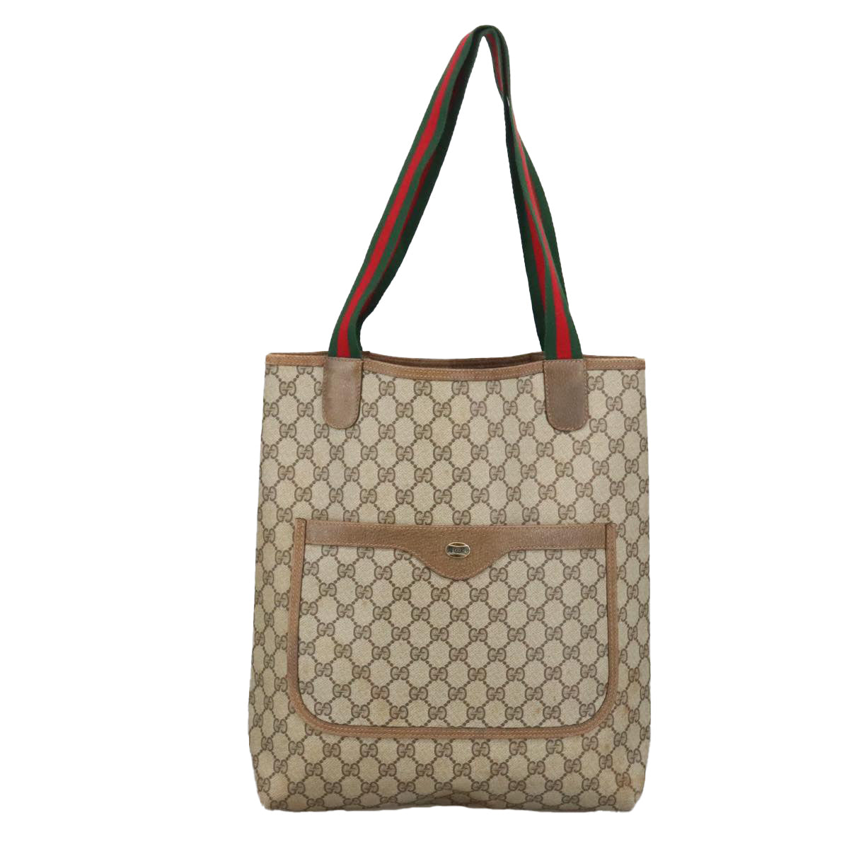 GUCCI GG Supreme Web Sherry Line Tote Bag PVC Beige Red Green Auth 102053 - 0