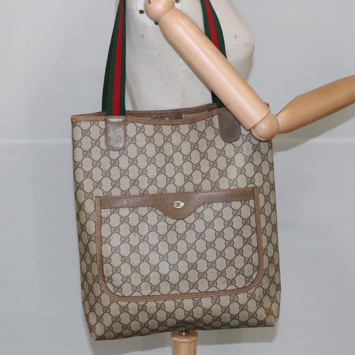 GUCCI GG Supreme Web Sherry Line Tote Bag PVC Beige Red Green Auth 102053