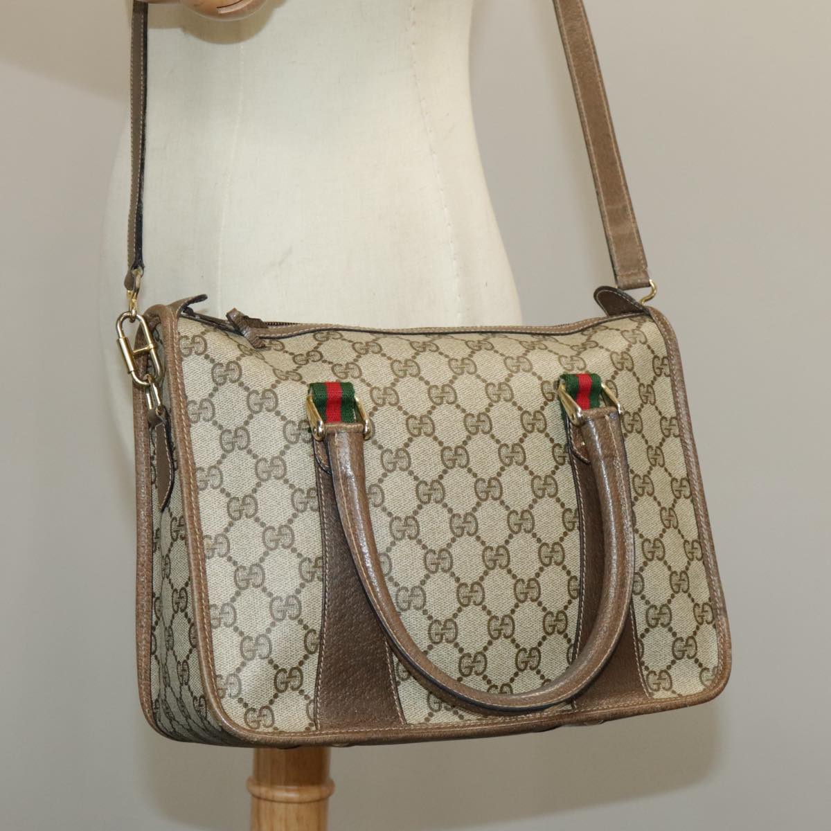 GUCCI GG Supreme Web Sherry Line Hand Bag PVC 2way Beige 58 02 039 Auth 102054