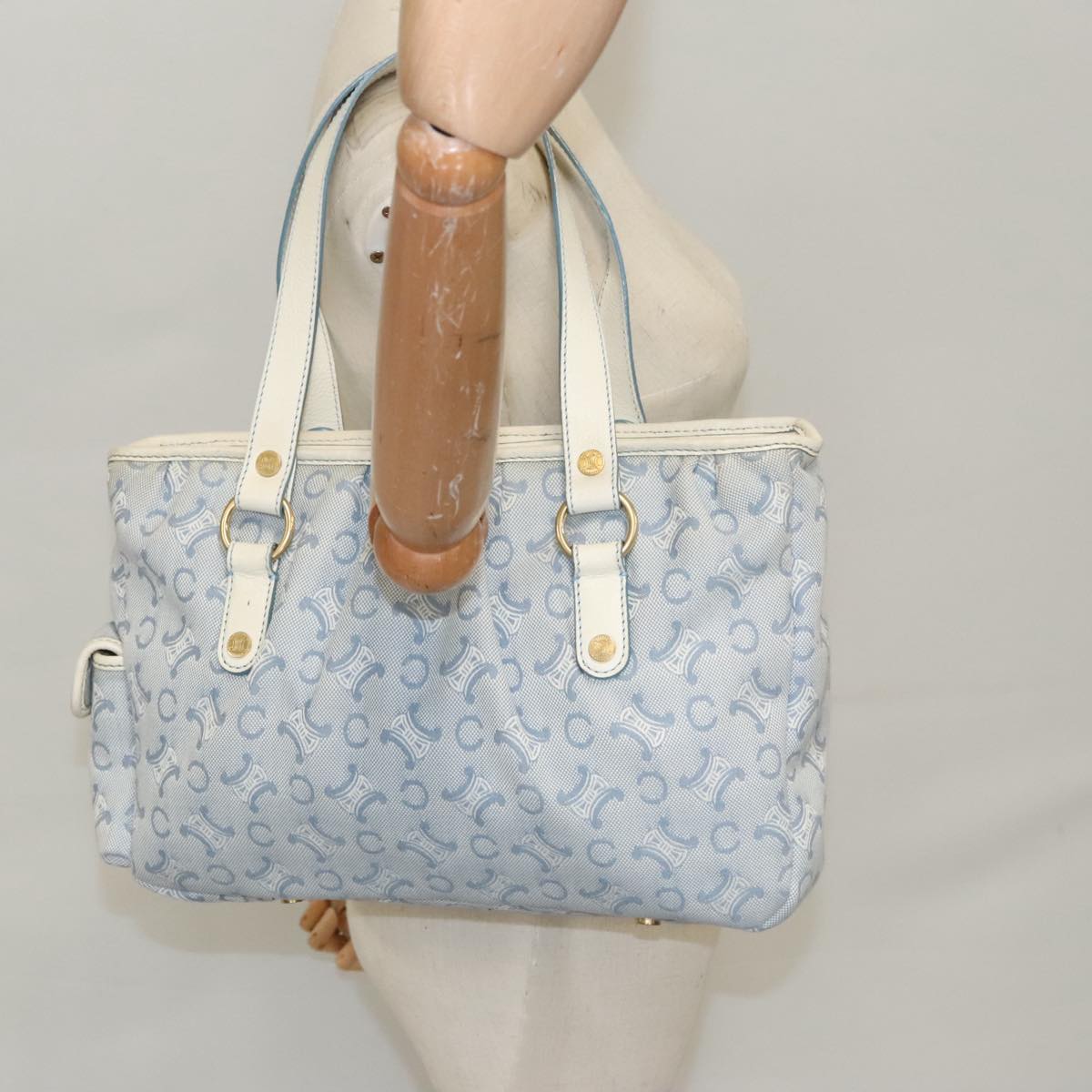 CELINE C Macadam Canvas Tote Bag Light Blue Gold Auth 102068