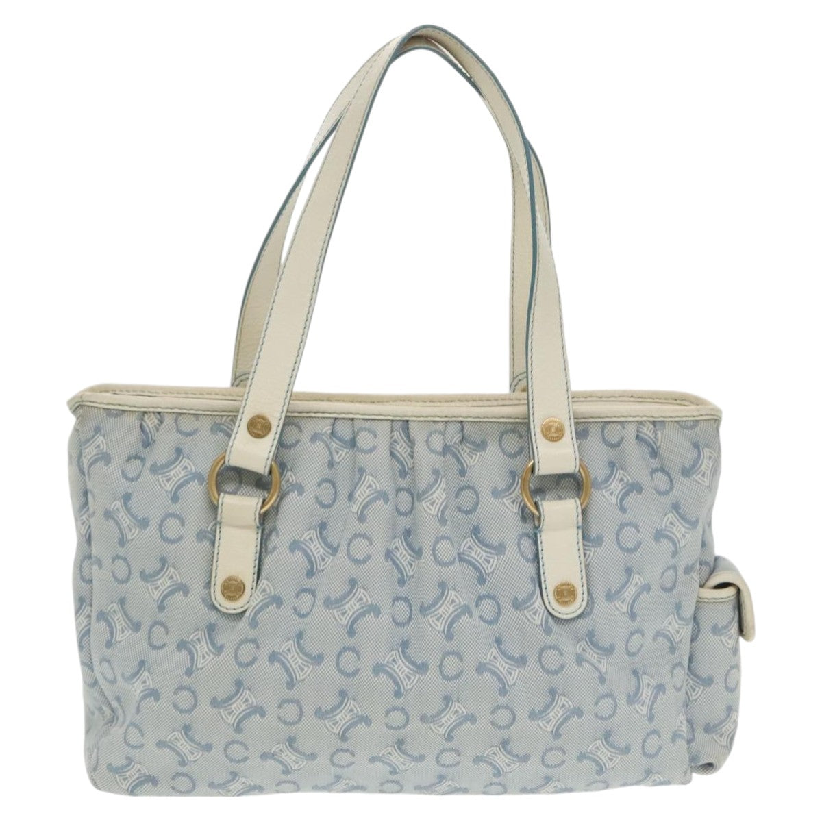 CELINE C Macadam Canvas Tote Bag Light Blue Gold Auth 102068