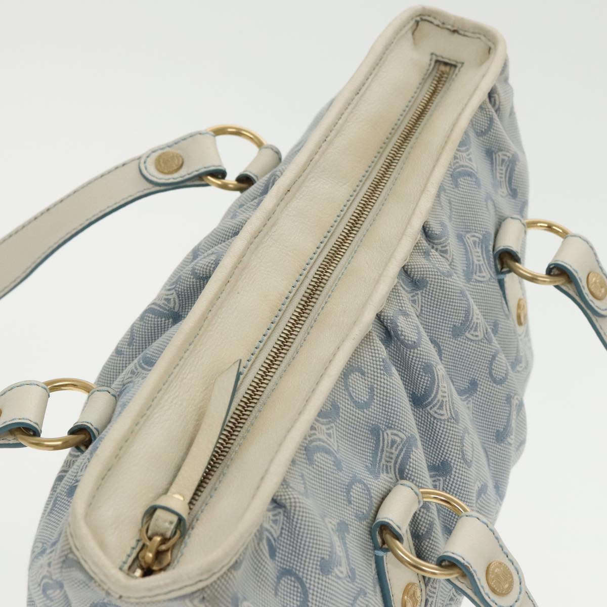 CELINE C Macadam Canvas Tote Bag Light Blue Gold Auth 102068