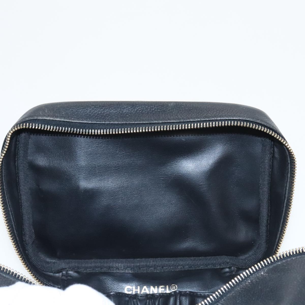 CHANEL Vanity COCO Mark Cosmetic Pouch Caviar Skin Black Gold CC Auth 102073