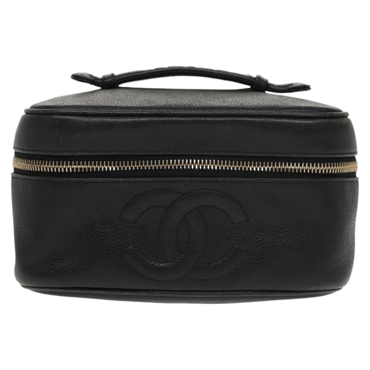 CHANEL Vanity COCO Mark Cosmetic Pouch Caviar Skin Black Gold CC Auth 102073 - 0