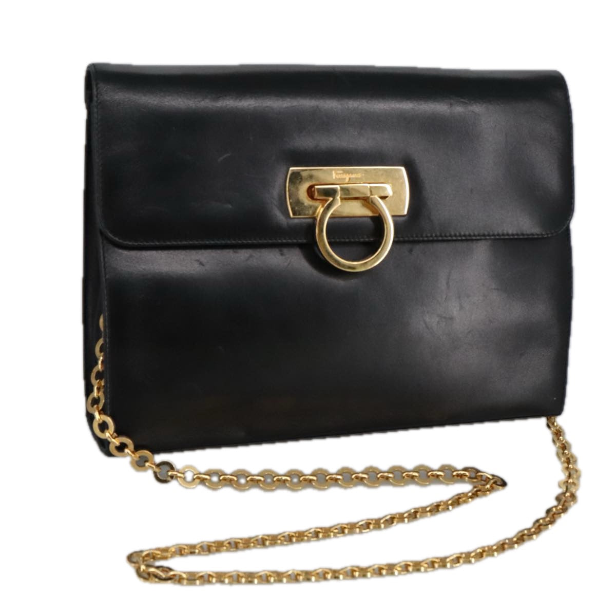 Salvatore Ferragamo Gancini Chain Shoulder Bag Leather Black Gold Auth 102075