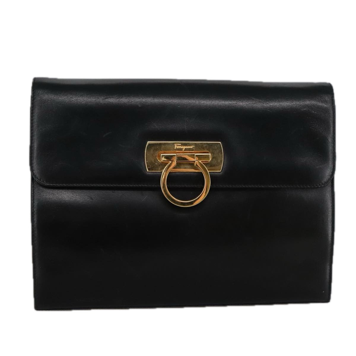 Salvatore Ferragamo Gancini Chain Shoulder Bag Leather Black Gold Auth 102075 - 0