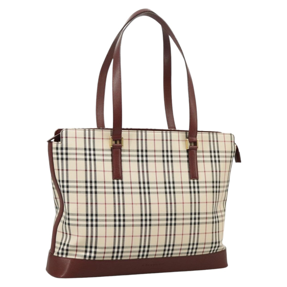 BURBERRY Nova Check Tote Bag Canvas Beige Red Auth 102114