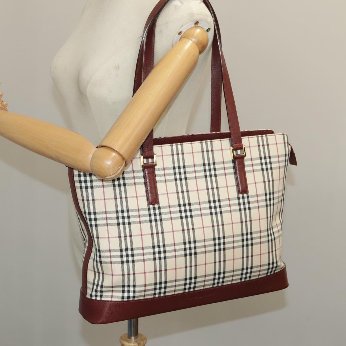 BURBERRY Nova Check Tote Bag Canvas Beige Red Auth 102114