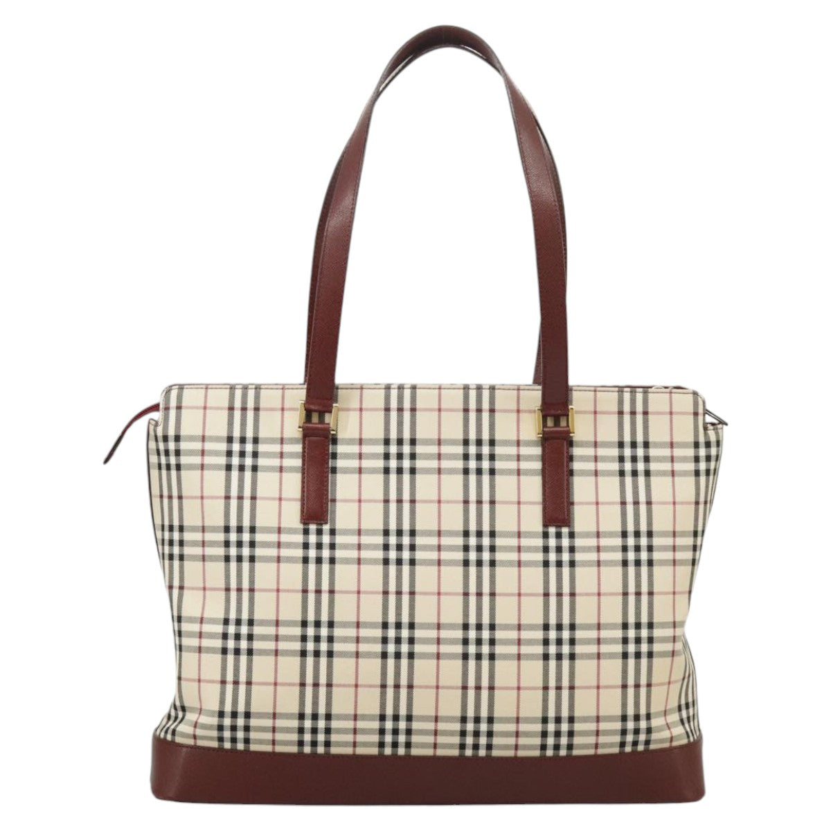 BURBERRY Nova Check Tote Bag Canvas Beige Red Auth 102114