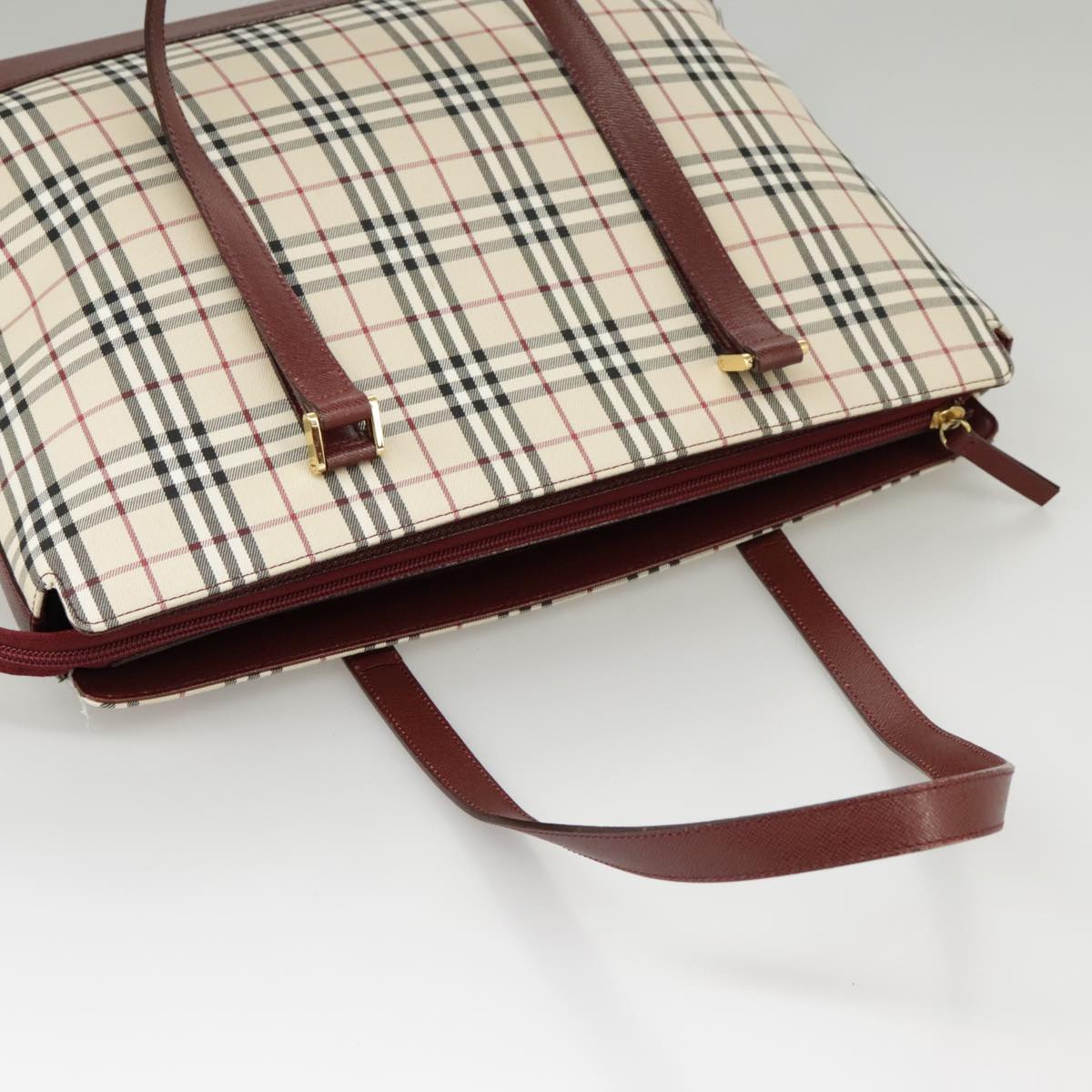 BURBERRY Nova Check Tote Bag Canvas Beige Red Auth 102114