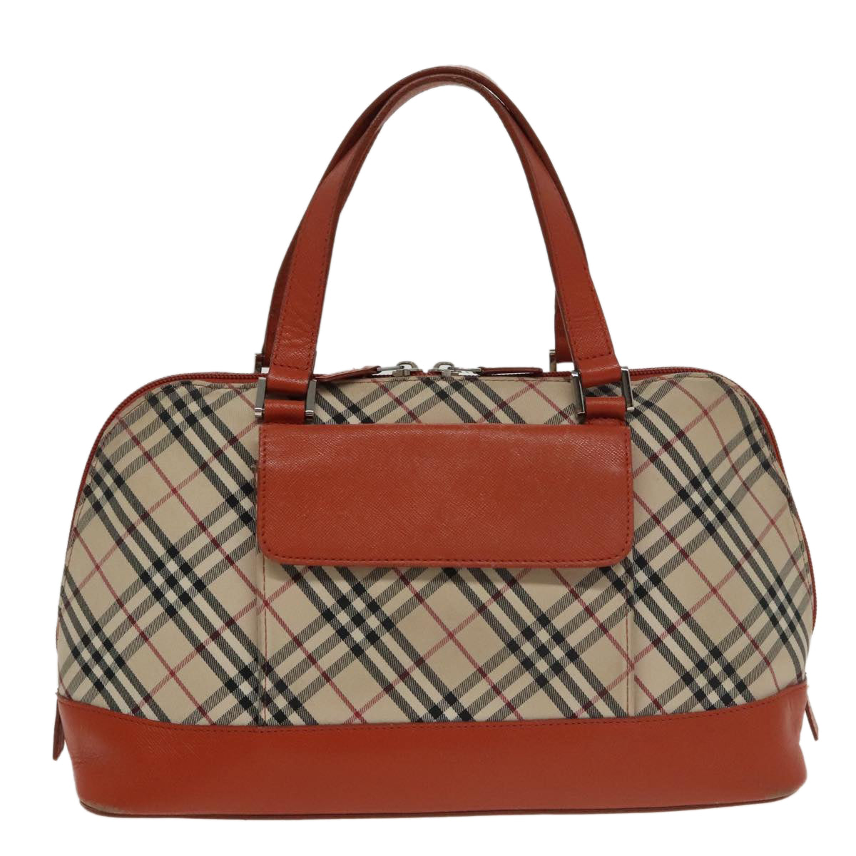 BURBERRY Nova Check Hand Bag Canvas Beige Orange Silver Auth 102116 - 0