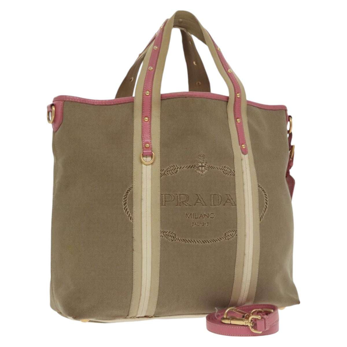 PRADA Tote Bag Canvas 2way Beige Auth 102120