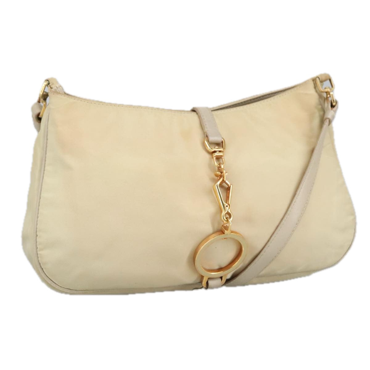 PRADA Shoulder Bag Nylon Beige Gold Auth 102124