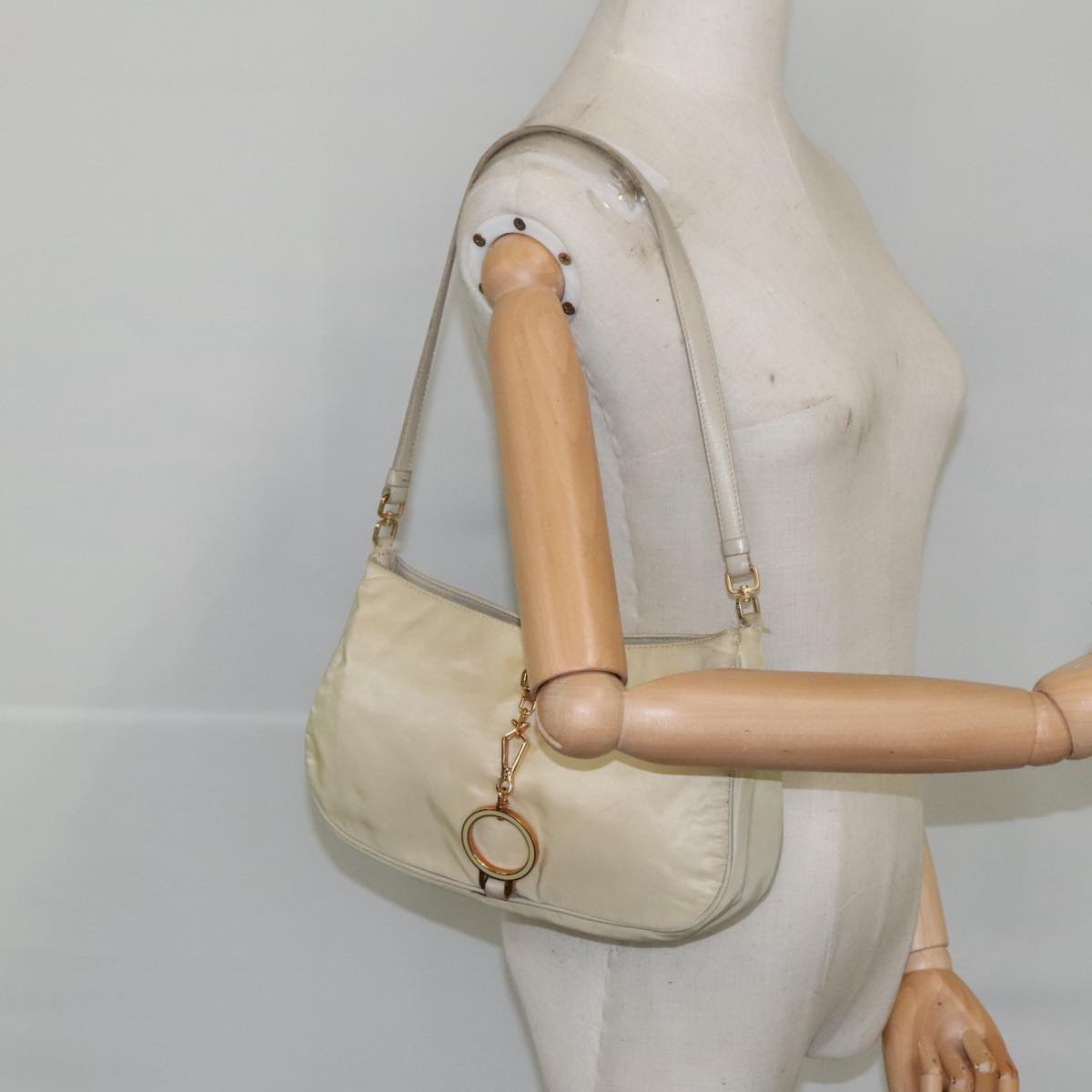 PRADA Shoulder Bag Nylon Beige Gold Auth 102124