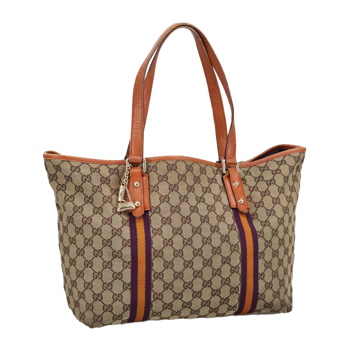 GUCCI GG Canvas Tote Bag Beige Purple 139260 Auth 102155