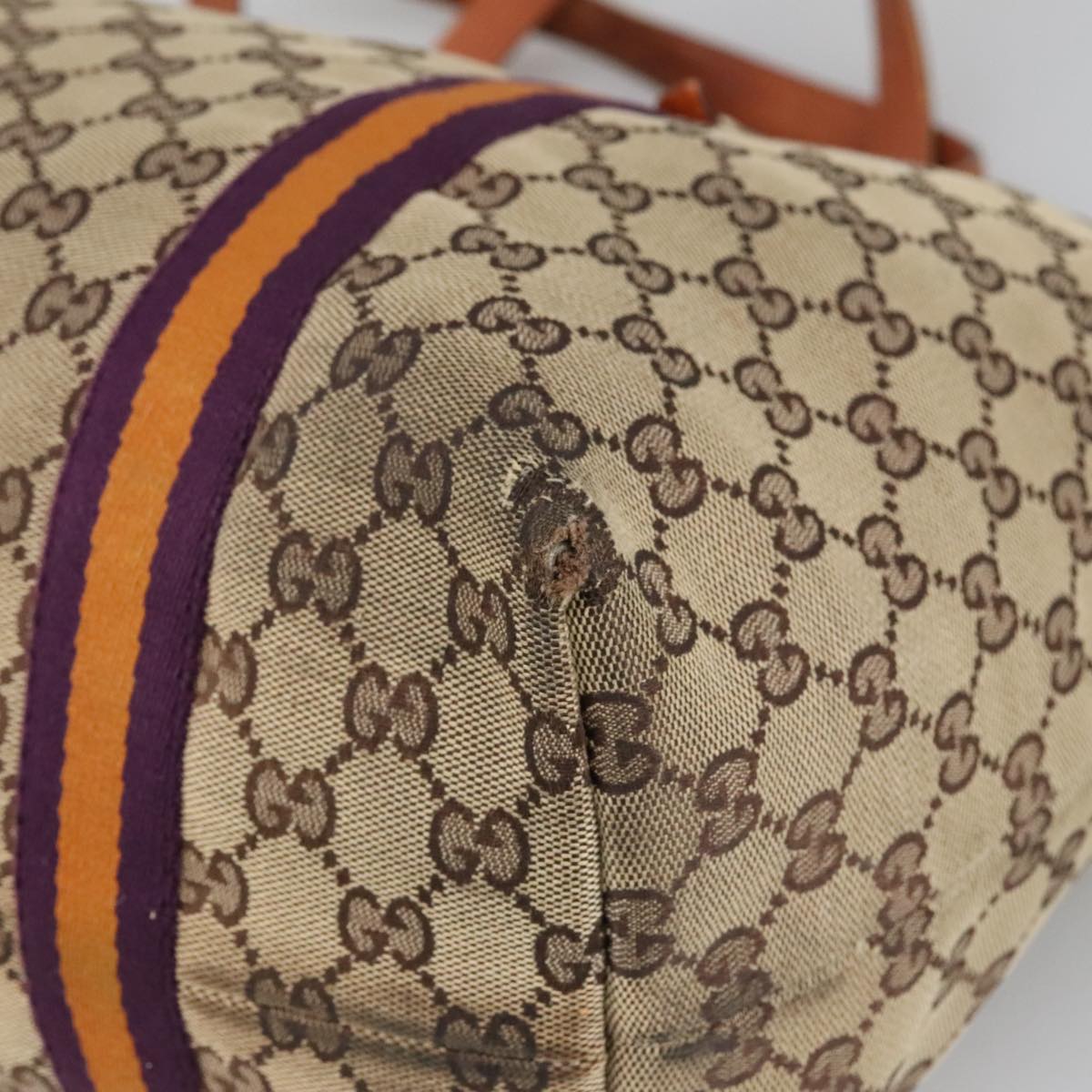 GUCCI GG Canvas Tote Bag Beige Purple 139260 Auth 102155