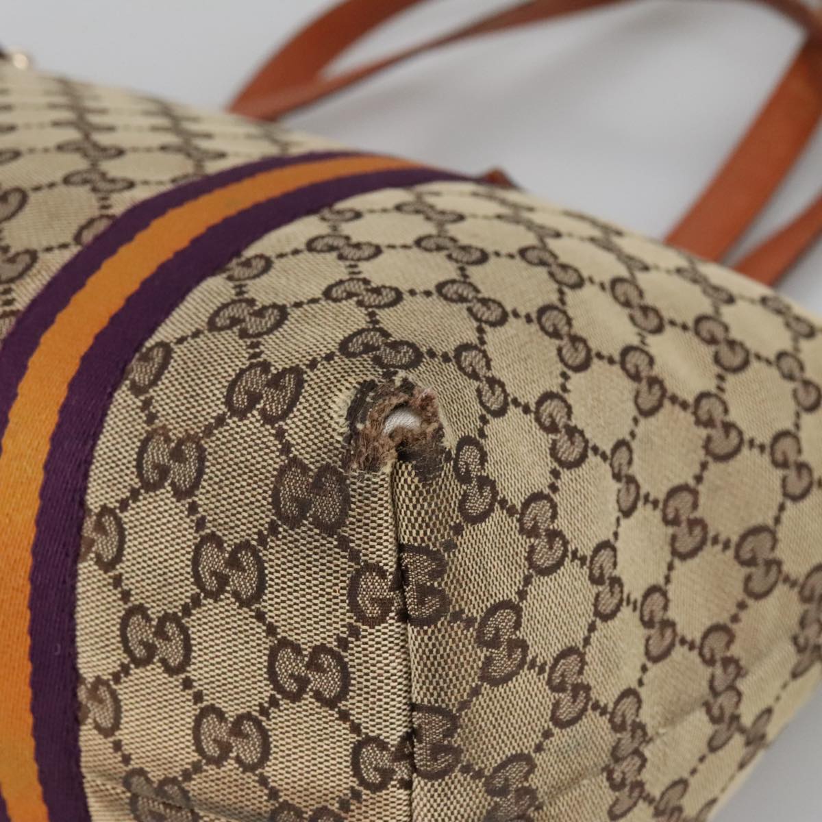 GUCCI GG Canvas Tote Bag Beige Purple 139260 Auth 102155