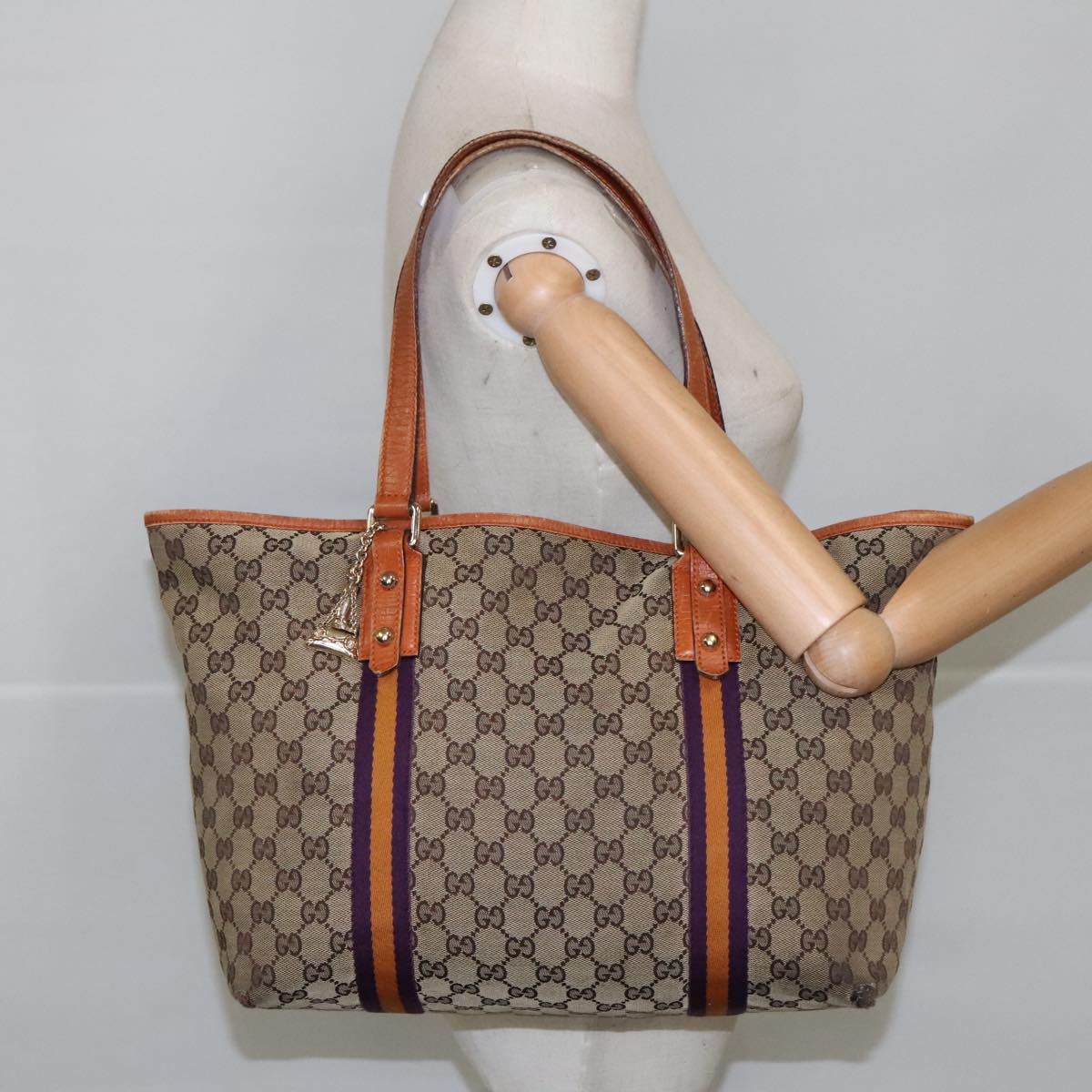 GUCCI GG Canvas Tote Bag Beige Purple 139260 Auth 102155