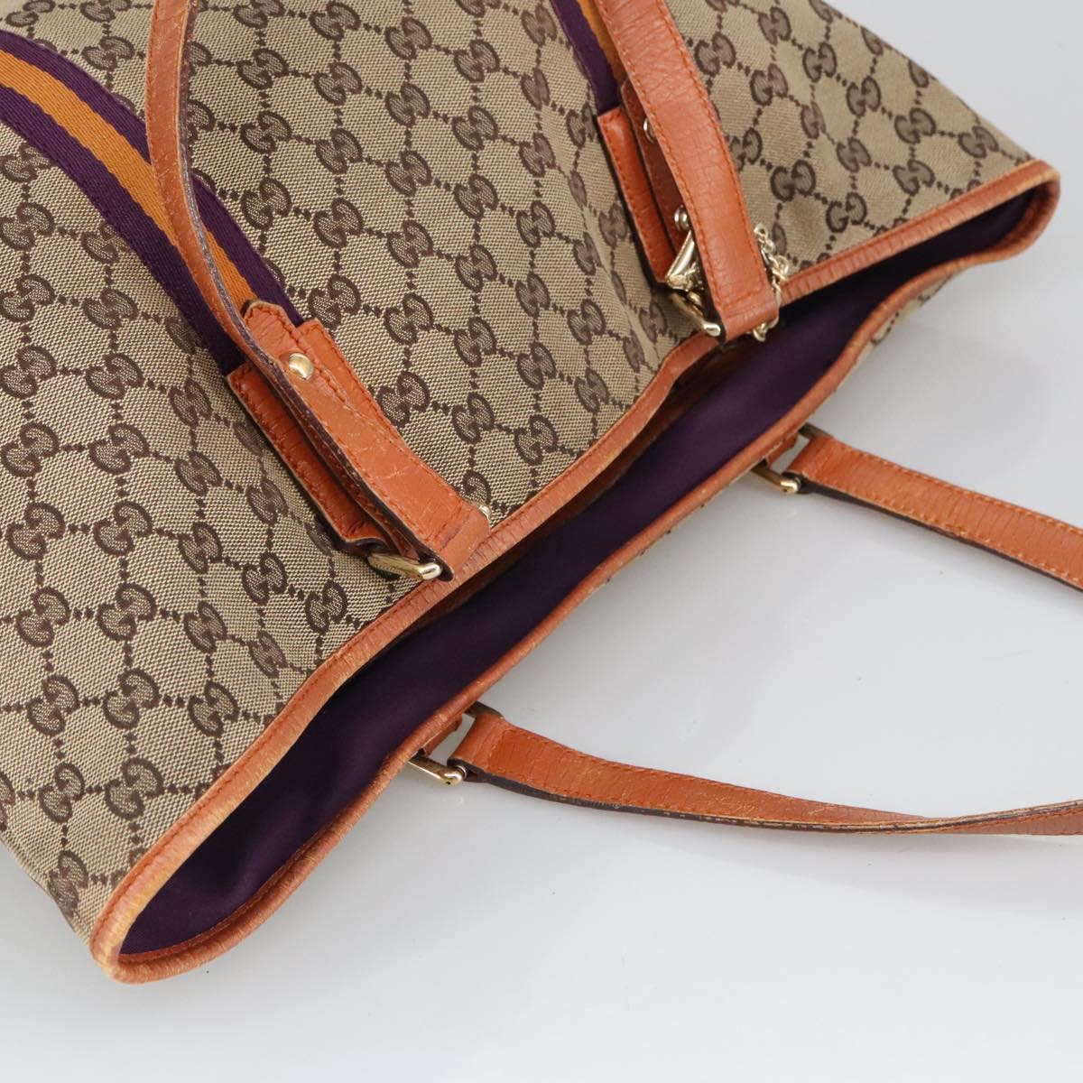 GUCCI GG Canvas Tote Bag Beige Purple 139260 Auth 102155