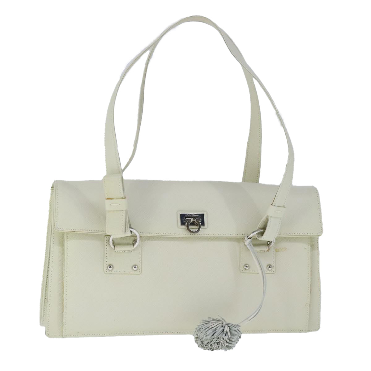 Salvatore Ferragamo Gancini Hand Bag Leather Silver White Auth 102158