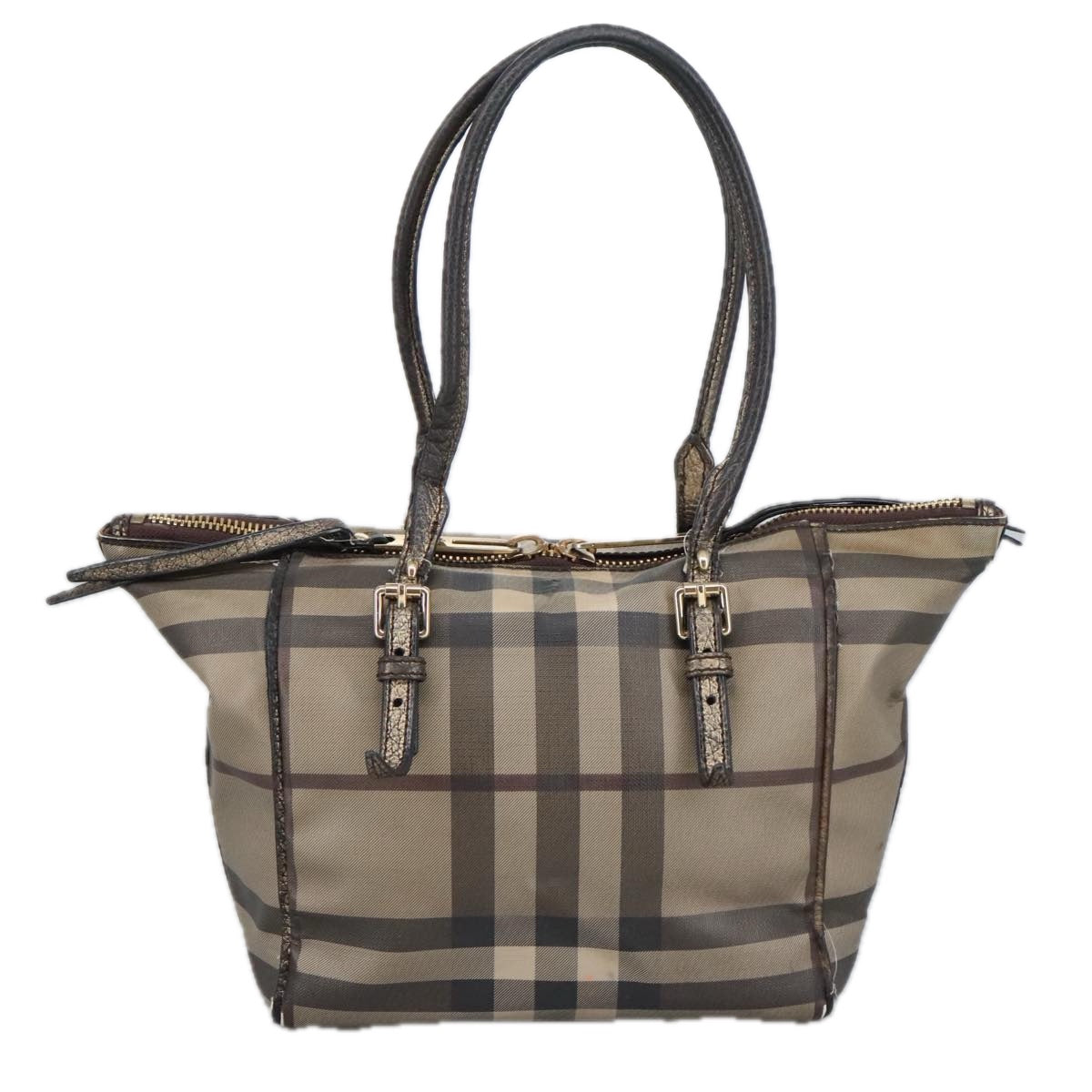 BURBERRY Nova Check Hand Bag PVC Leather Brown Gold Auth 102159 - 0