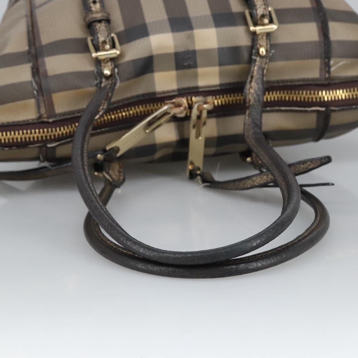 BURBERRY Nova Check Hand Bag PVC Leather Brown Gold Auth 102159