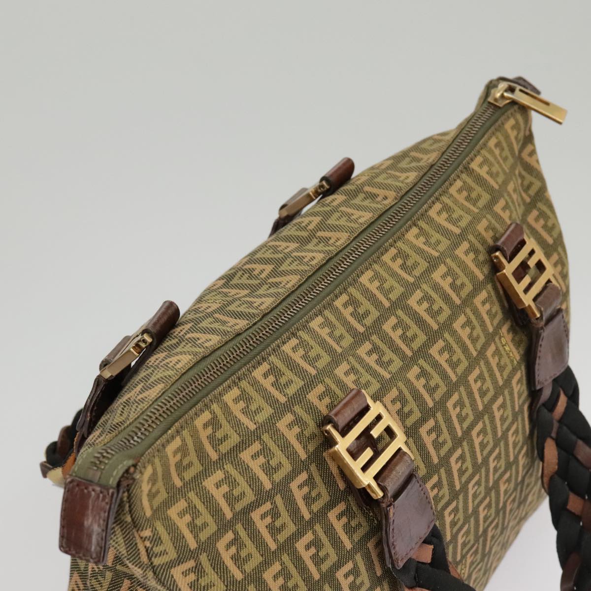 FENDI Zucchino Canvas Hand Bag Khaki 8BH138 Auth 102160