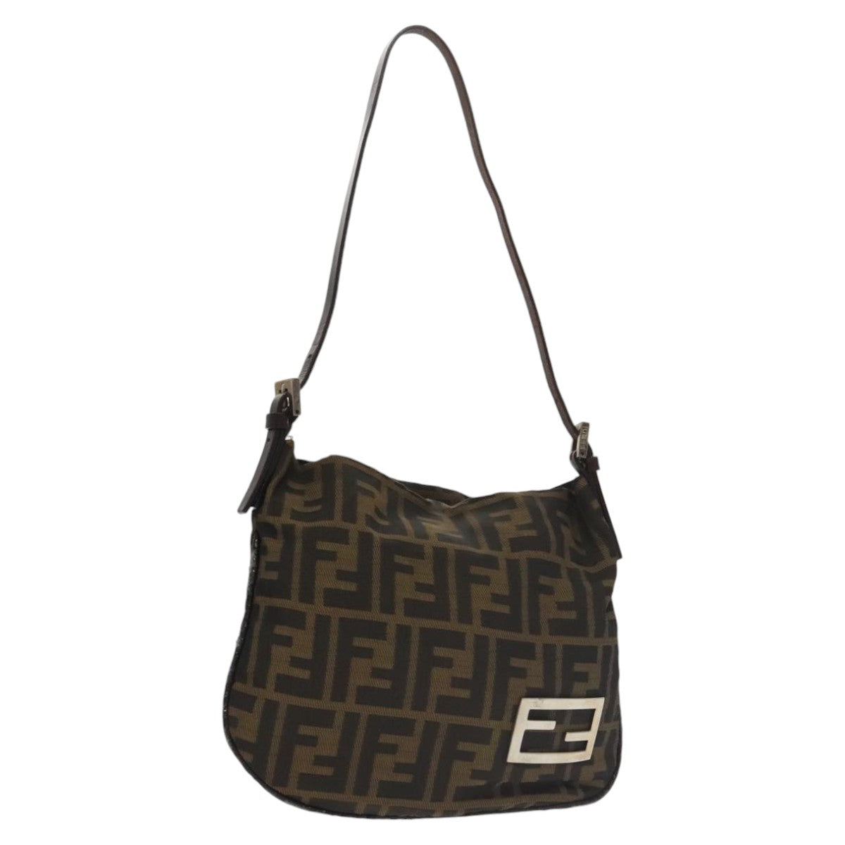 FENDI Zucca Canvas Shoulder Pouch Brown Black Silver Auth 102163