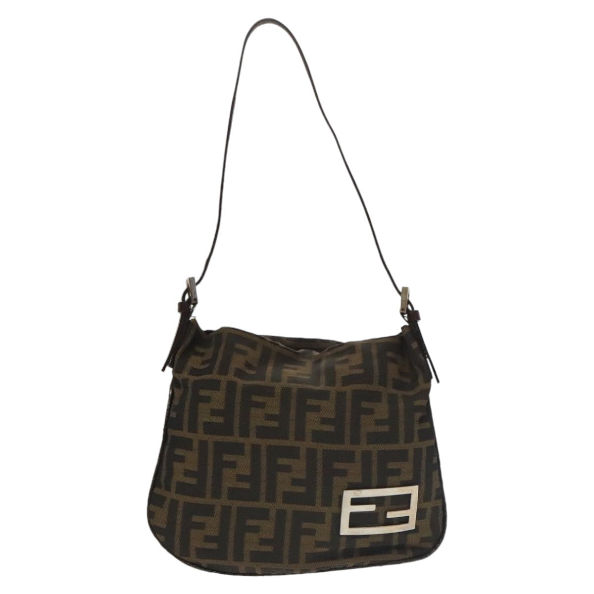 FENDI Zucca Canvas Shoulder Pouch Brown Black Silver Auth 102163 - 0