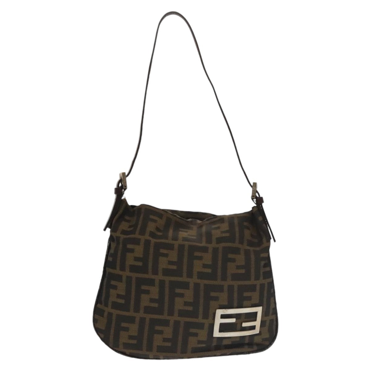 FENDI Zucca Canvas Shoulder Pouch Brown Black Silver Auth 102163