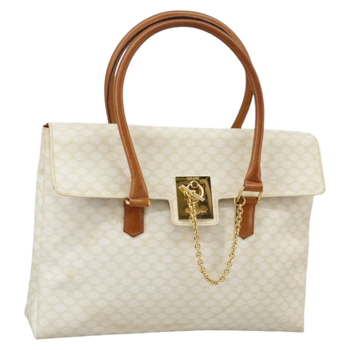 CELINE Macadam Canvas Hand Bag PVC White Gold Auth 102165