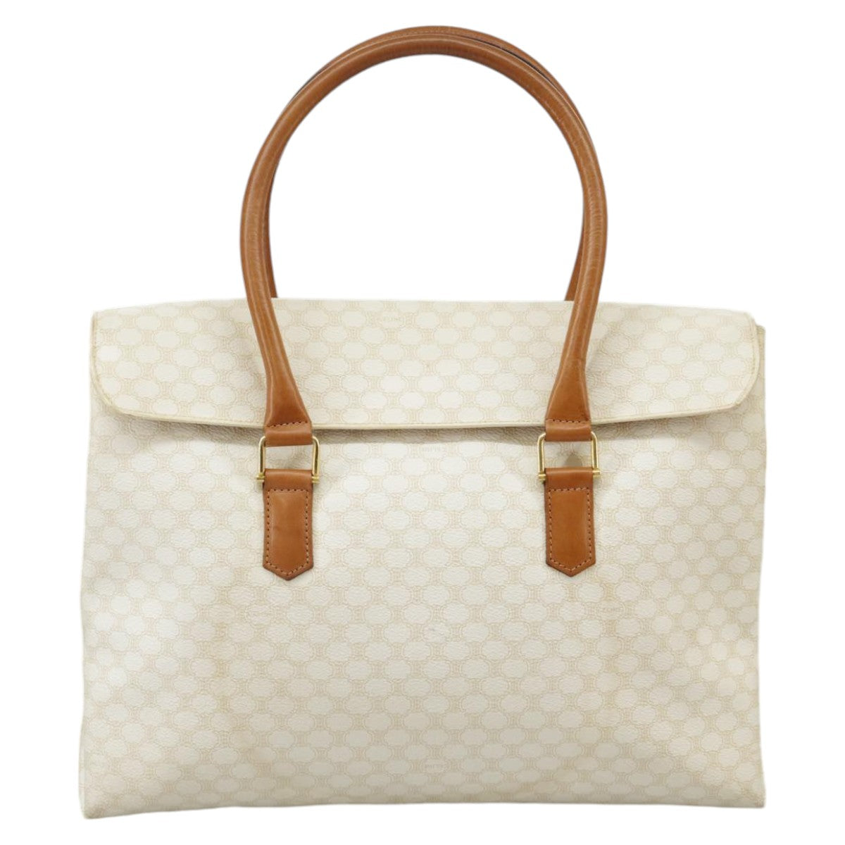 CELINE Macadam Canvas Hand Bag PVC White Gold Auth 102165