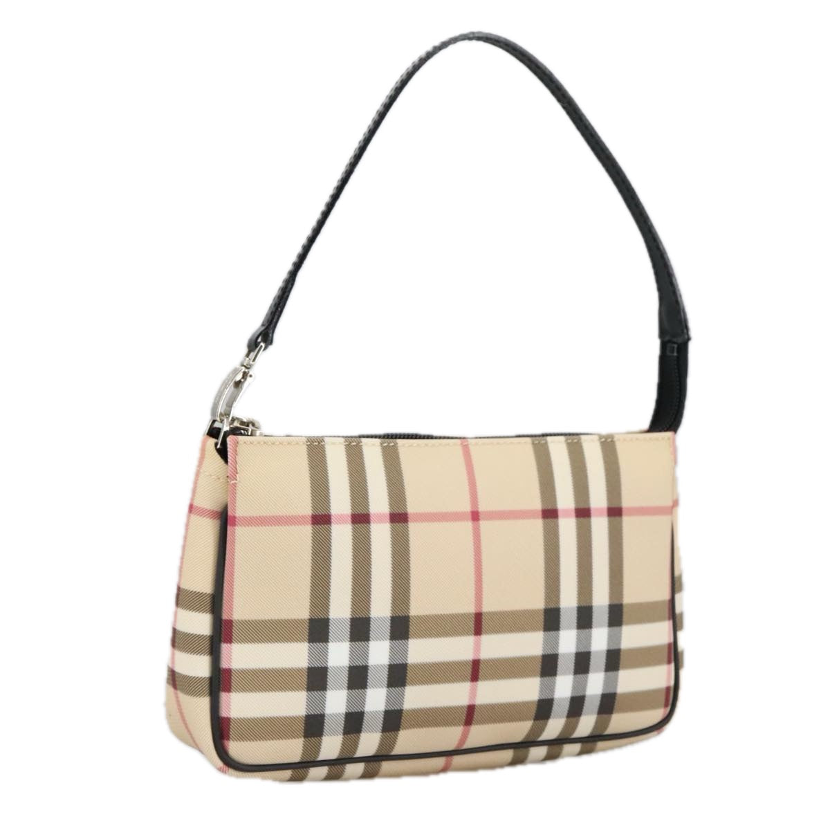 BURBERRY Nova Check Accessory Pouch PVC Beige Silver Auth 102200