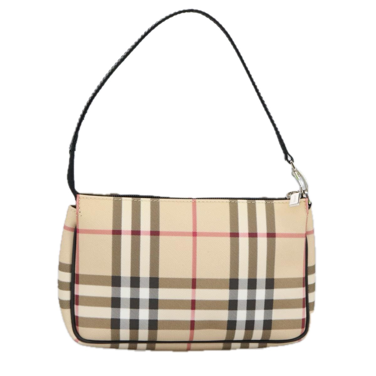 BURBERRY Nova Check Accessory Pouch PVC Beige Silver Auth 102200