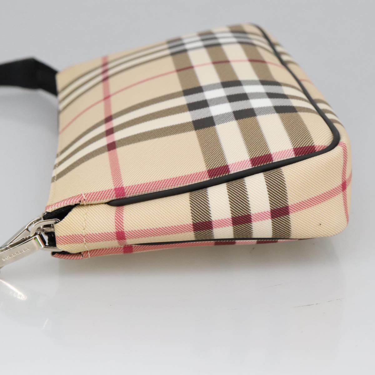 BURBERRY Nova Check Accessory Pouch PVC Beige Silver Auth 102200