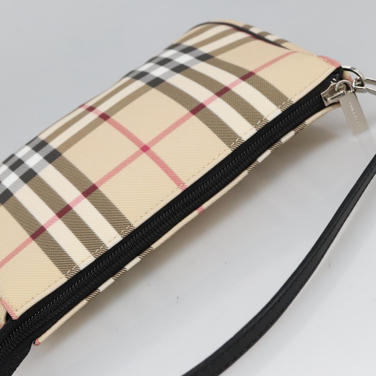 BURBERRY Nova Check Accessory Pouch PVC Beige Silver Auth 102200