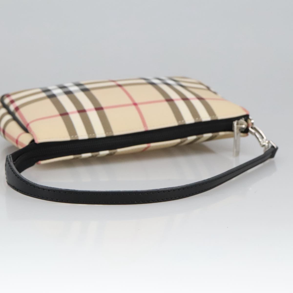 BURBERRY Nova Check Accessory Pouch PVC Beige Silver Auth 102200