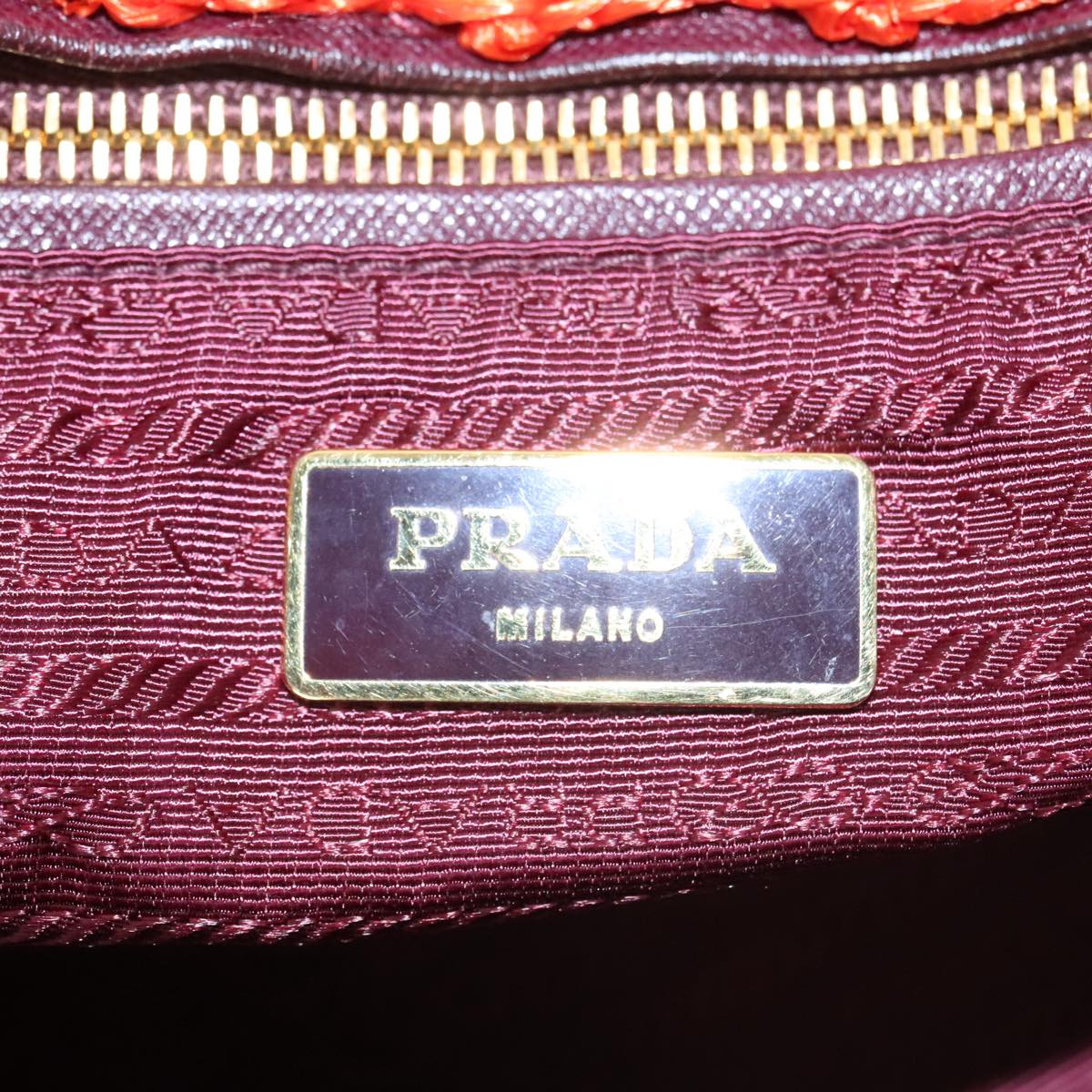 PRADA Hand Bag Raffia Red Gold Auth 102204