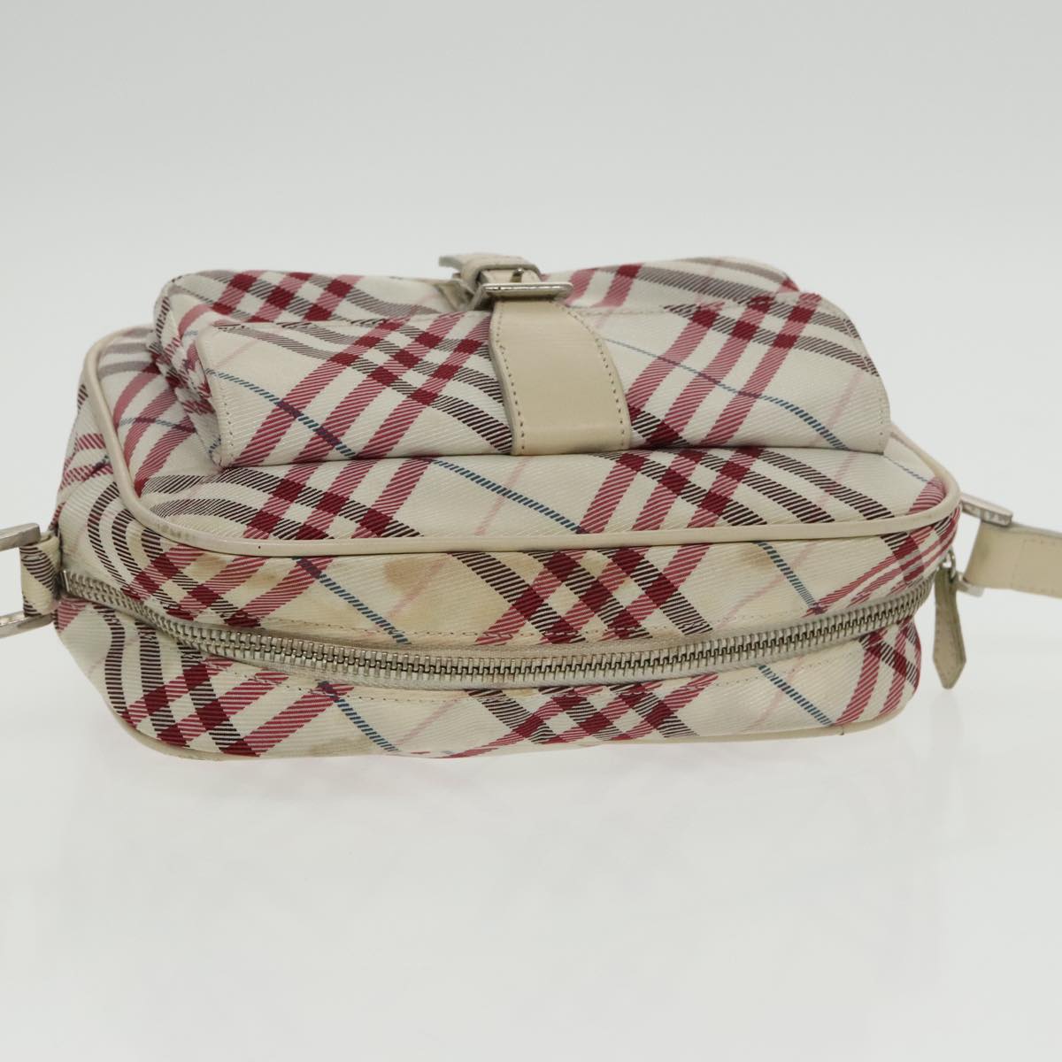 BURBERRY Nova Check Blue Label Shoulder Bag Canvas Silver White Auth 102232