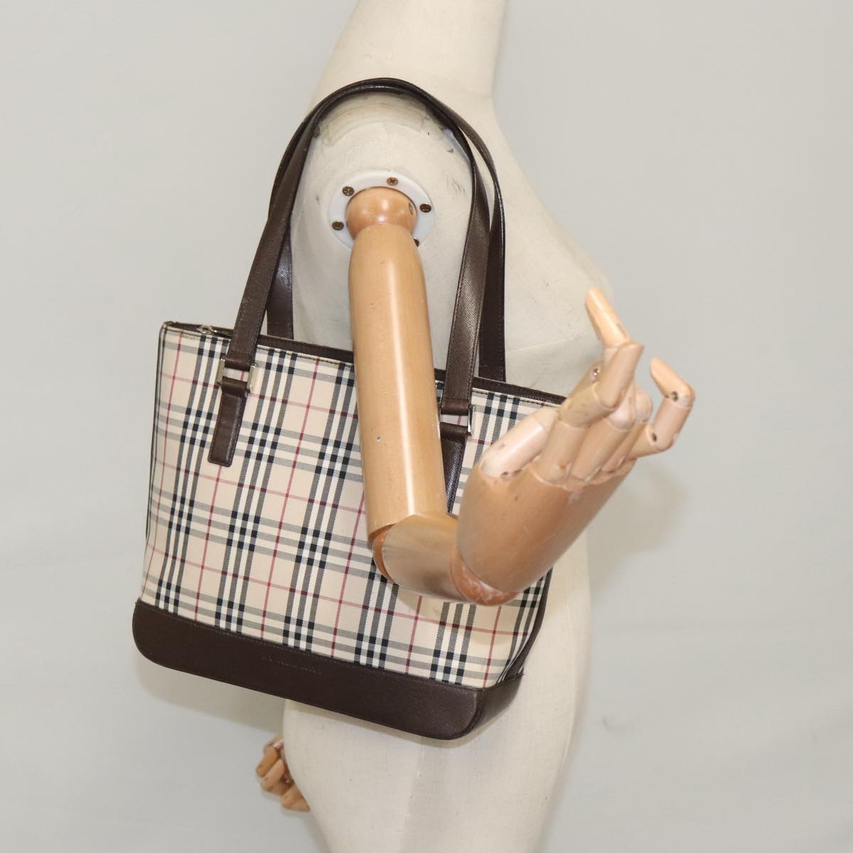 BURBERRY Nova Check Hand Bag Canvas Leather Beige Auth 102243