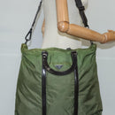PRADA Hand Bag Nylon leather 2way Khaki Dark Brown Silver Auth 102248-22