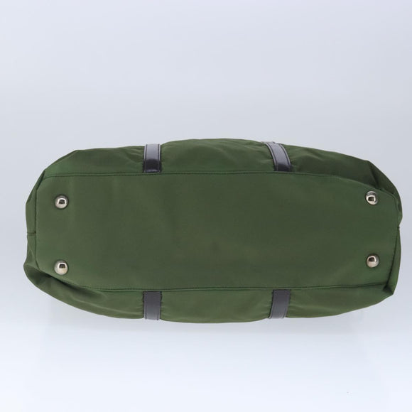 PRADA Hand Bag Nylon leather 2way Khaki Dark Brown Silver Auth 102248