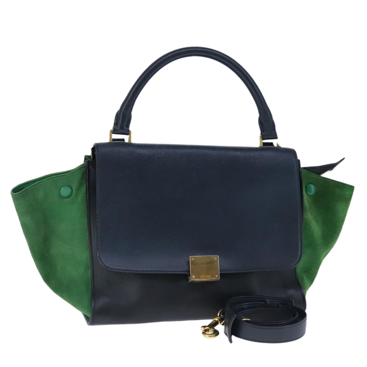 CELINE Trapeze Hand Bag Suede Leather 2way Green Navy Auth 102264