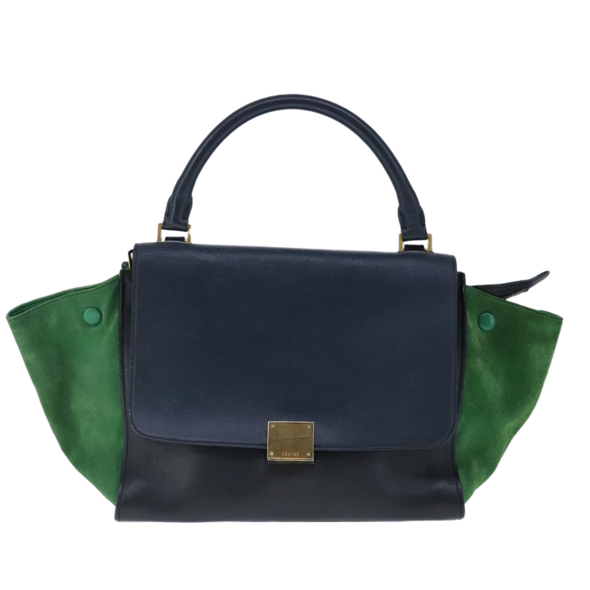 CELINE Trapeze Hand Bag Suede Leather 2way Green Navy Auth 102264 - 0