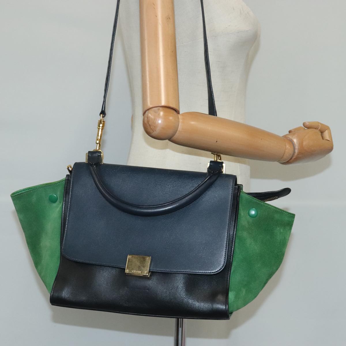 CELINE Trapeze Hand Bag Suede Leather 2way Green Navy Auth 102264