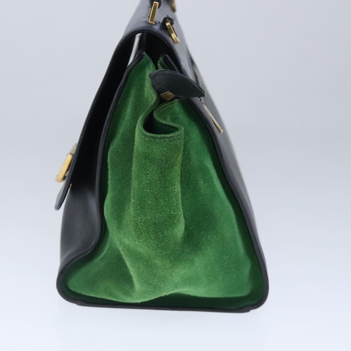 CELINE Trapeze Hand Bag Suede Leather 2way Green Navy Auth 102264