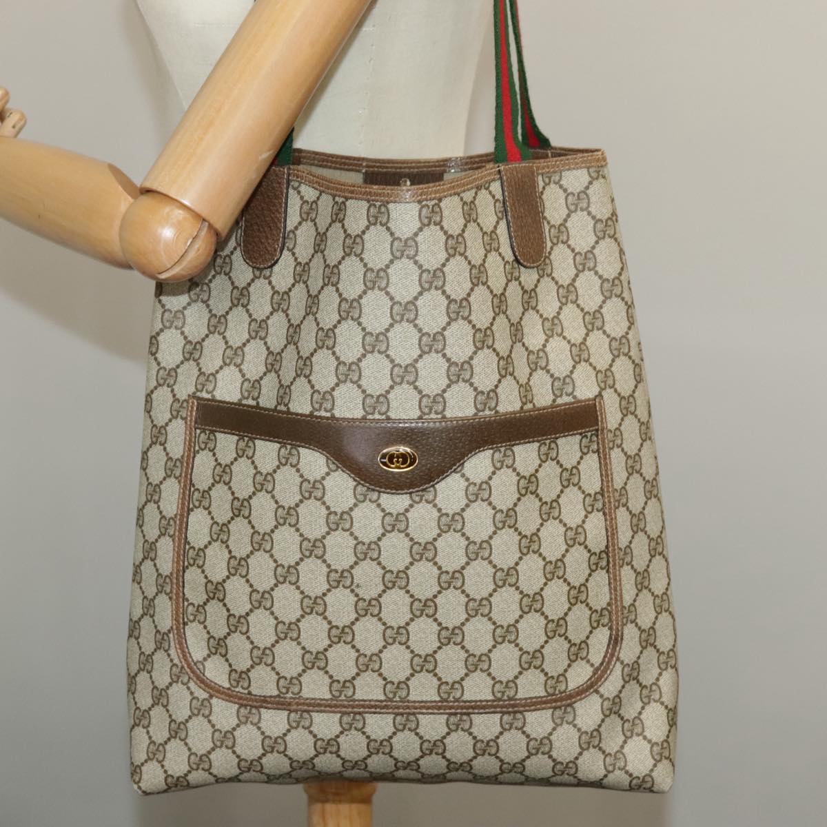 GUCCI GG Supreme Web Sherry Line Tote Bag PVC Beige Red 39 02 003 Auth 102265