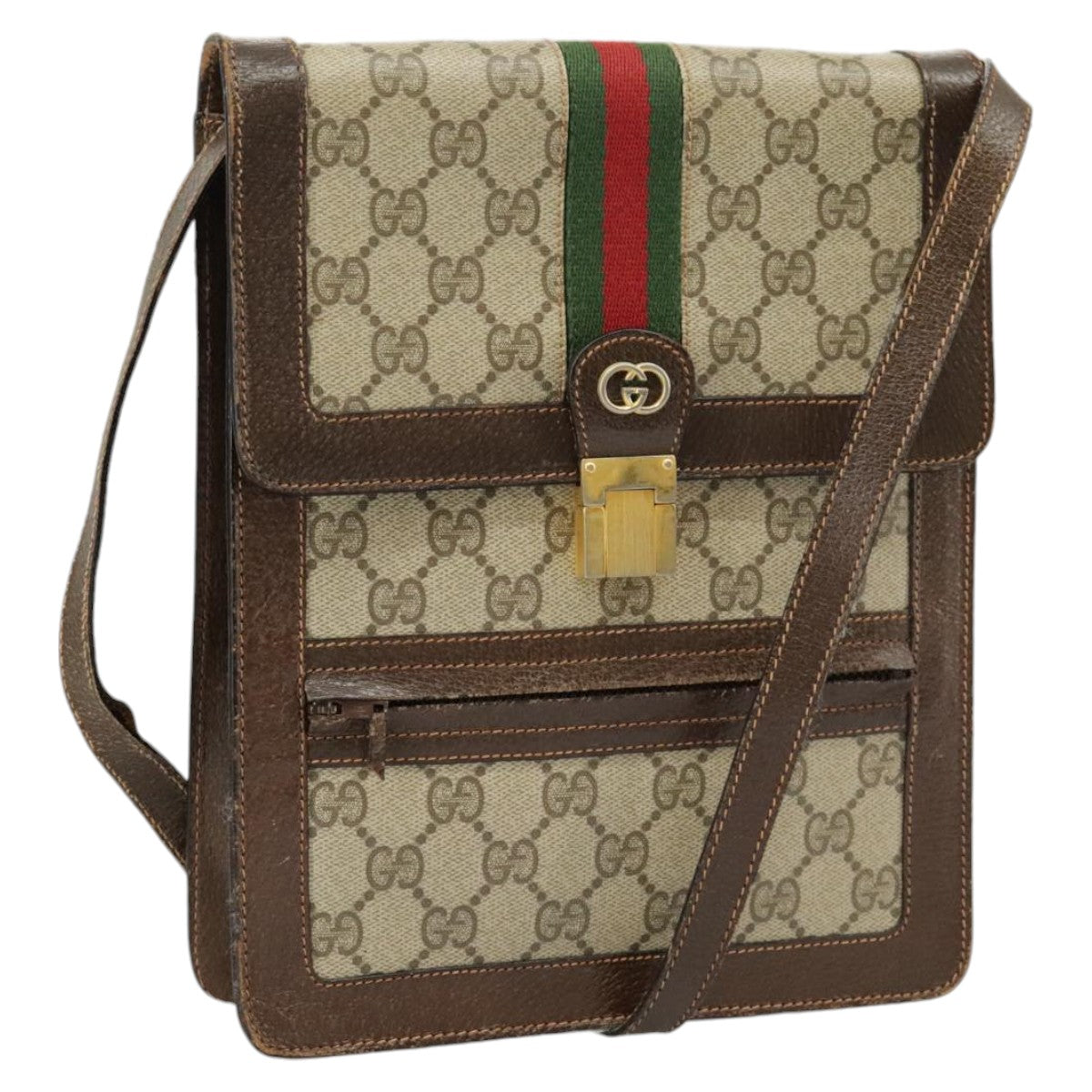 GUCCI GG Supreme Web Sherry Line Shoulder Bag PVC Beige Red Green Auth 102274