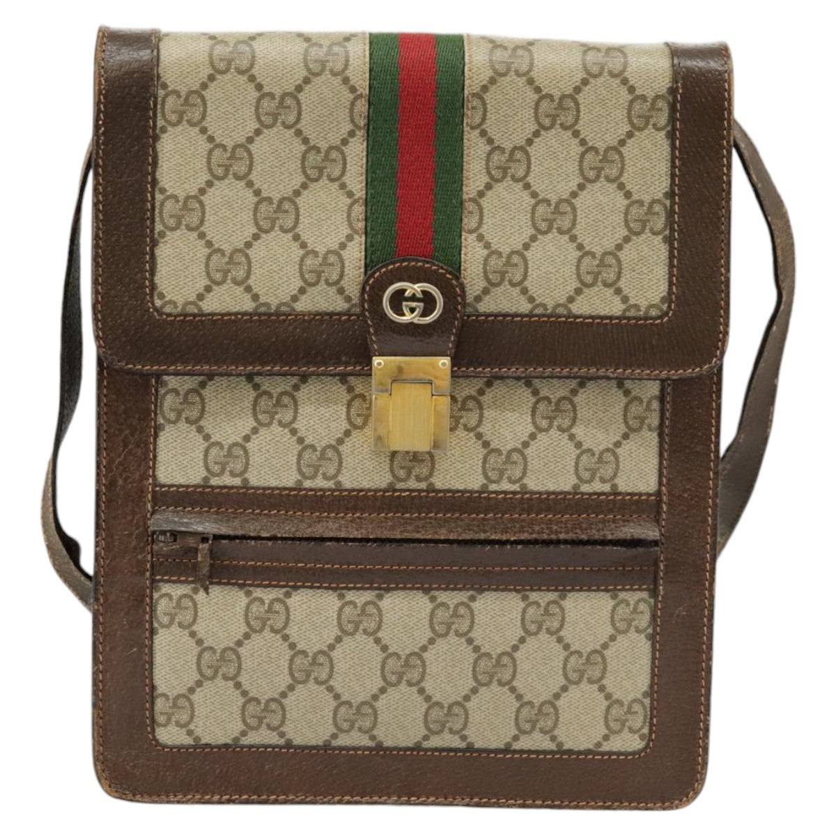 GUCCI GG Supreme Web Sherry Line Shoulder Bag PVC Beige Red Green Auth 102274 - 0